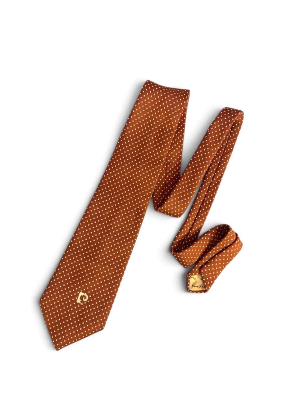 Vintage Pierre Cardin Tie, Rust Brown with White Polka Dots, 1970's Polyester